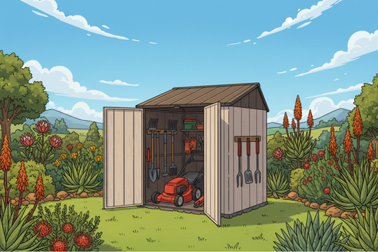 Illustration of a garden shed with tools and a lawnmower in a garden setting