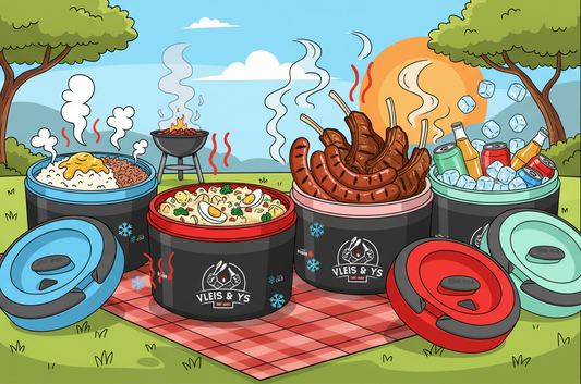 Illustration of a barbecue setup with Vleis & Ys containers and a grill in a park setting.