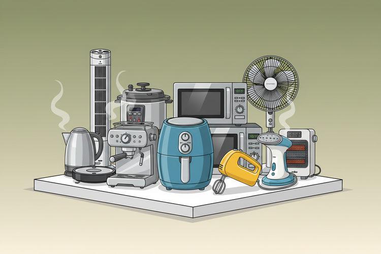 Illustration of various kitchen appliances on a platform with a plain background