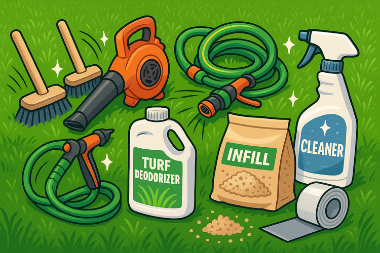 Illustration of gardening and lawn care products on a grassy background