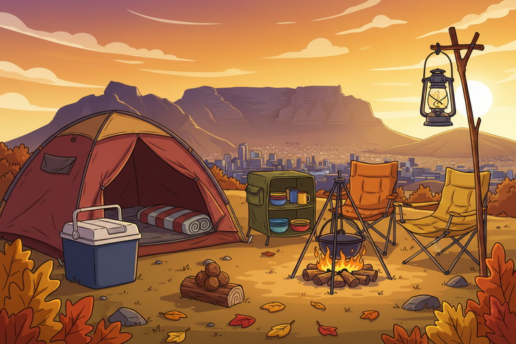 Camping scene with a tent, chairs, and a campfire in an autumn landscape.