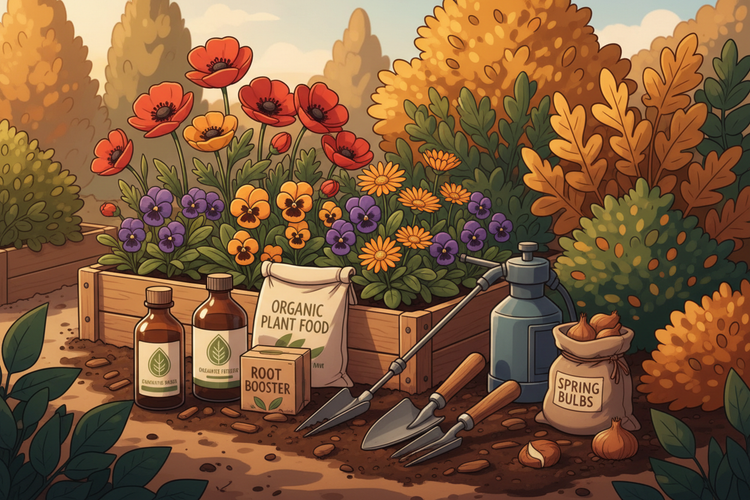Gardening scene with flowers, tools, and plant food in a garden setting
