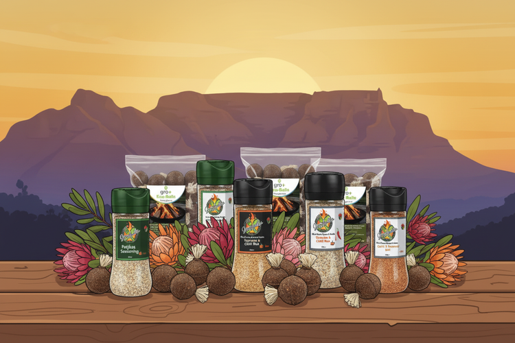 A set of gourmet spice blends and whole spices from the brand Gropples and gro+ Eco-Balls Firelighters, arranged on a wooden table with fresh protea flowers and roots against a scenic sunset mountain backdrop.