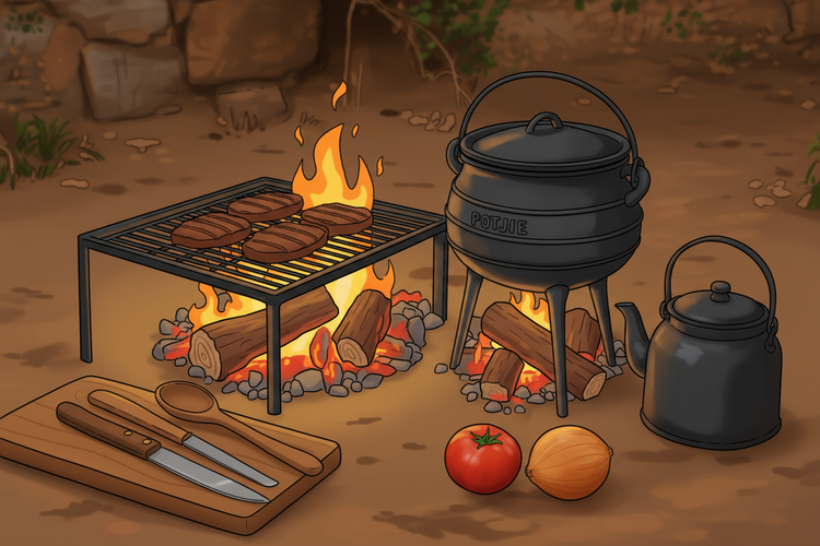 Illustration of outdoor cooking setup with grill, pot, kettle, and vegetables around a campfire.