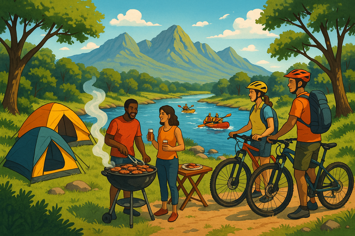 Illustration of a group of people enjoying outdoor activities by a river with mountains in the background.