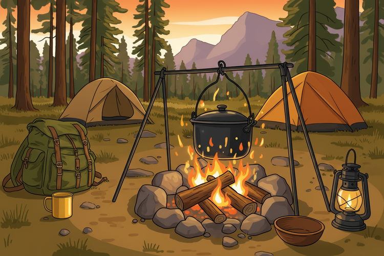 Camping scene with tents, backpack, campfire, and lantern in a forest setting.