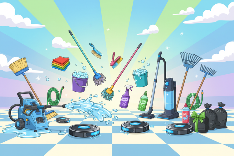 Cartoon illustration of cleaning tools and equipment on a checkered floor with a colorful sky.