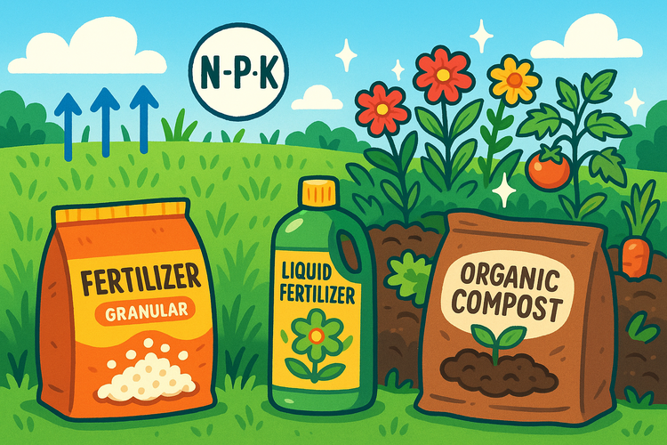 Illustration of fertilizers and compost with N-P-K symbol on a green background