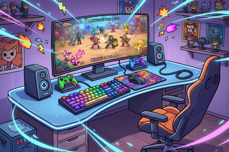 Gaming setup with a computer monitor, keyboard, and chair in a room with gaming decor.