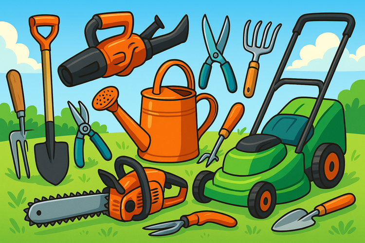 Cartoon illustration of various gardening tools on a grassy background