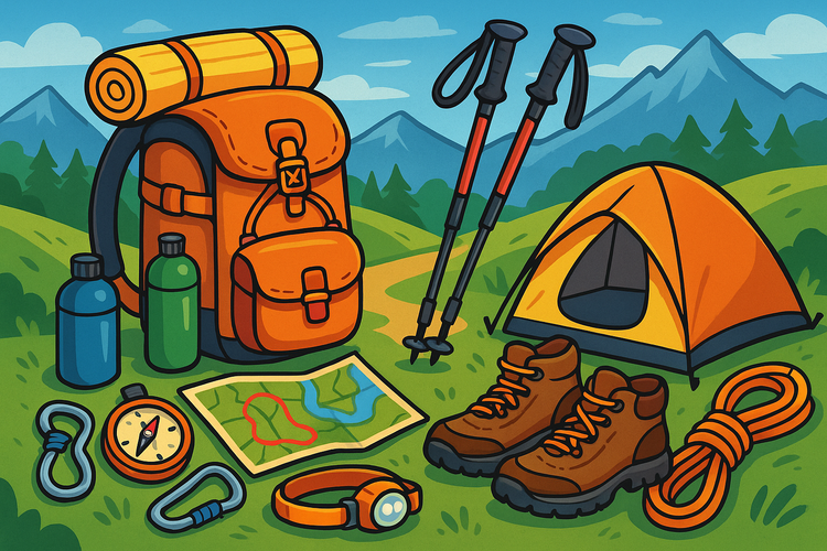 Cartoon illustration of hiking gear including a backpack, tent, map, and hiking boots with a mountainous background.
