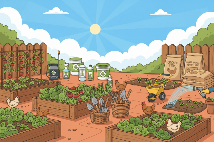 Illustration of a community garden with raised beds, tools, and supplies on a sunny day.
