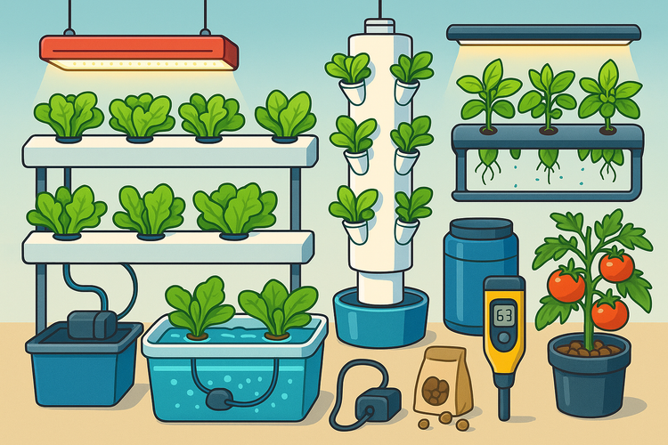 Hydroponics system with plants growing under a light source.