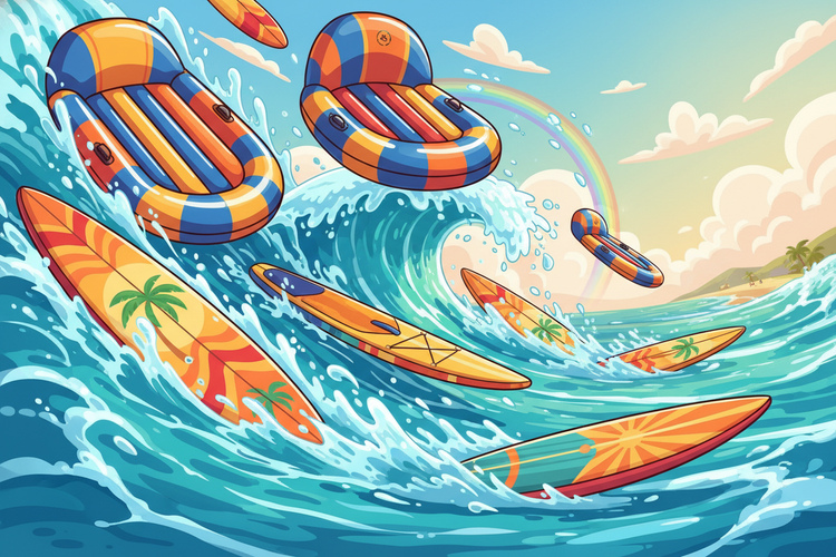 Colorful surfboards and inflatable rafts in a wave with a rainbow and beach in the background