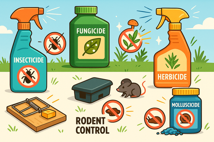 Illustration of pest control products including insecticide, fungicide, herbicide, and rodent control.