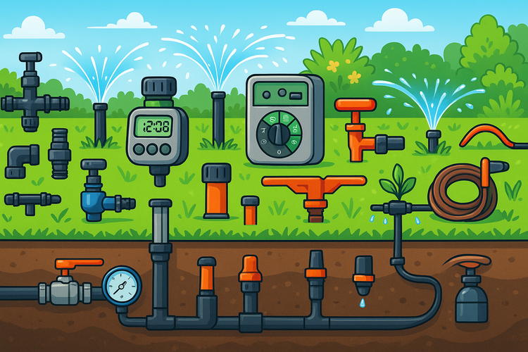 Illustration of a garden irrigation system with various components on a grassy background.