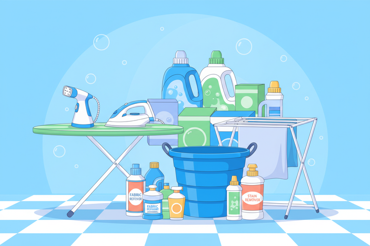 Cartoon illustration of laundry supplies on a checkered floor with a blue background