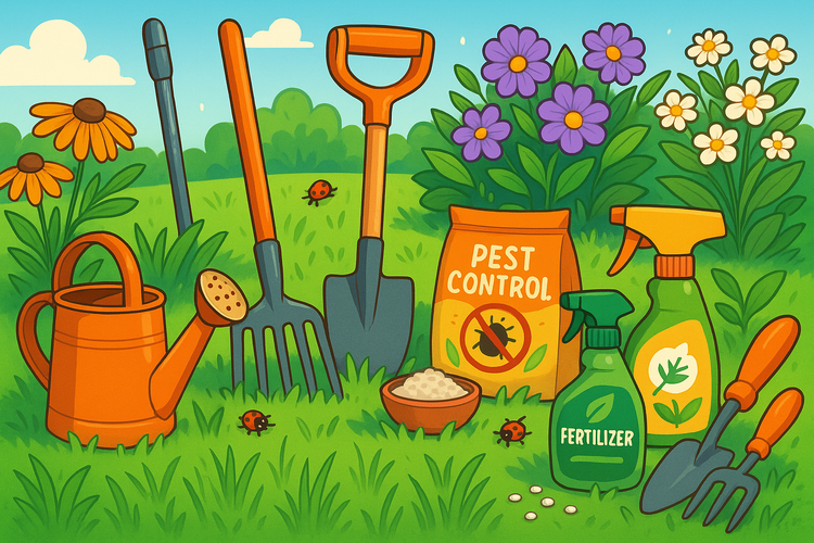 Gardening tools and supplies including a watering can, shovels, rakes, fertilizer bag, plant food bag, and pest control spray on a garden bed.