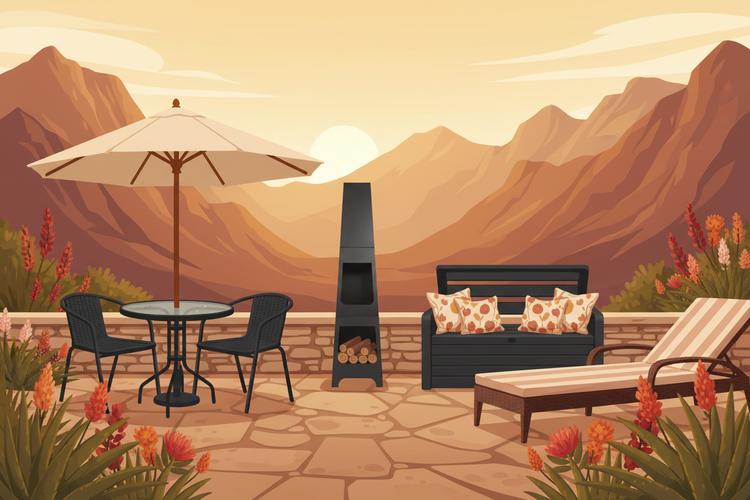 A stylized outdoor patio scene with a beige umbrella, black patio chairs, a black outdoor chimenea, a black storage bench with pillows, and a striped lounger, set against a mountain landscape at sunset.