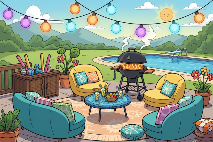 Cartoon-style outdoor patio scene with furniture, grill, and pool.