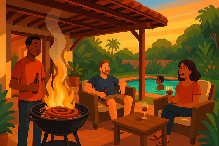 People enjoying a barbecue by a poolside with a scenic background