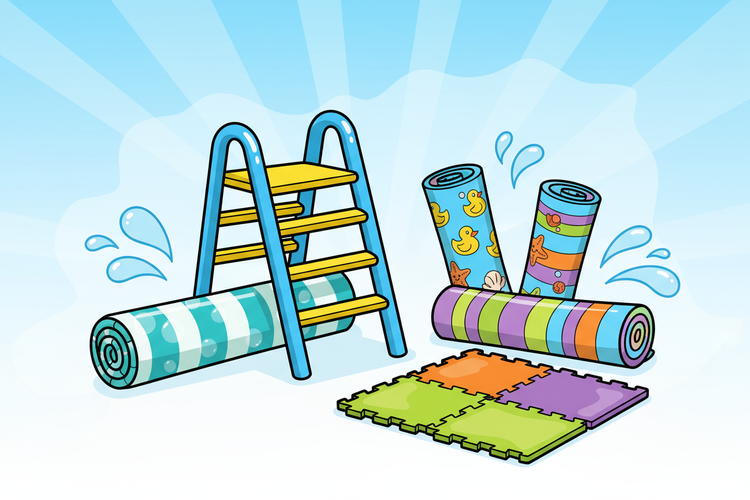 Colorful pool safety equipment including mats and a ladder on a light blue background