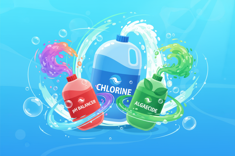 Illustration of pool cleaning products with labels 'Chlorine', 'pH Balancer', and 'Algaecide' on a blue background.