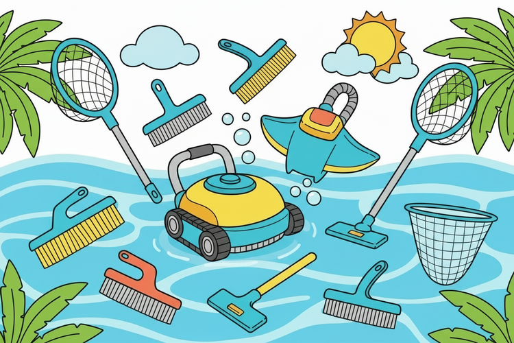 Illustration of pool cleaning tools with a pool vacuum, brushes, and nets on a blue water background.