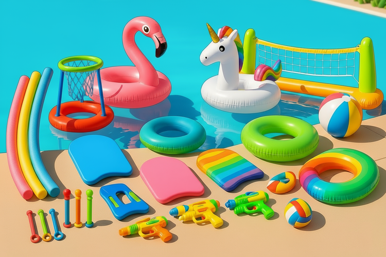 Colorful pool toys including inflatable flamingo, unicorn, and various other items on a pool deck.
