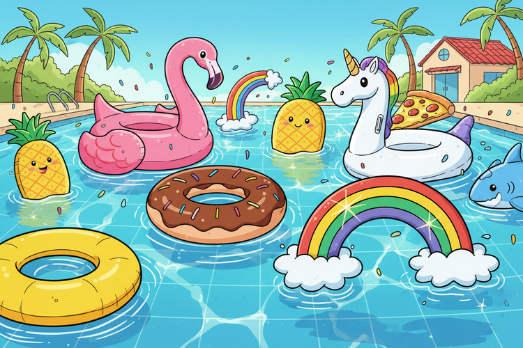 Cartoon pool scene with inflatable flamingo, donut, pineapple, unicorn, rainbow, and pizza.