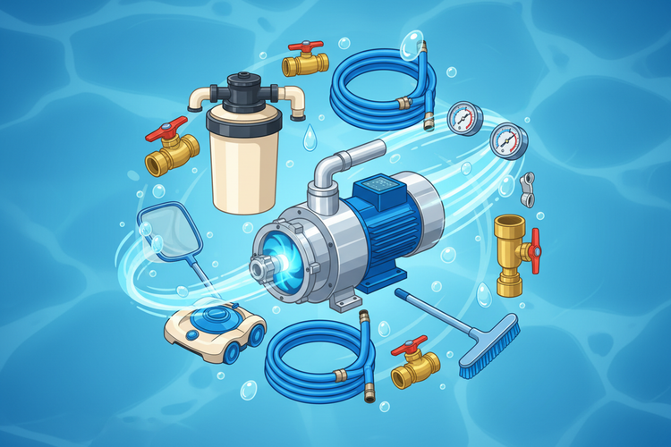 Pool cleaning equipment including a pump, hoses, and brushes on a blue background.