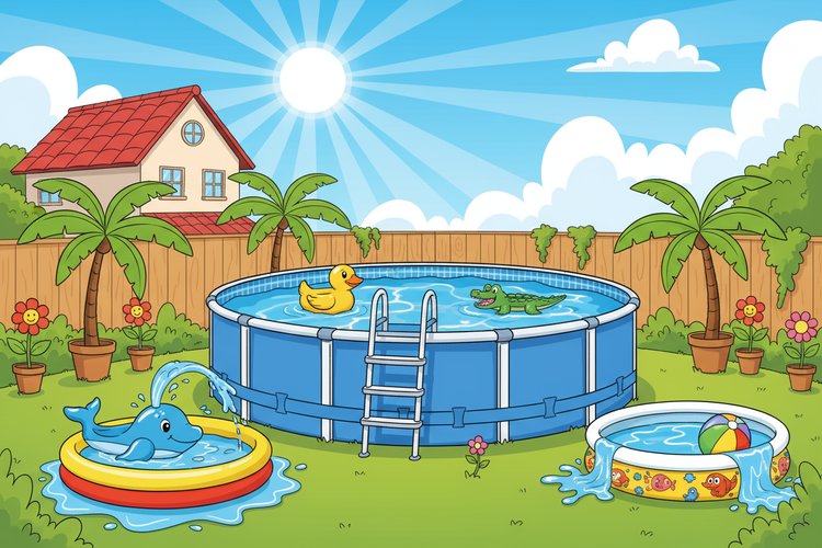 Cartoon-style backyard with inflatable pool, toys, and a house in the background