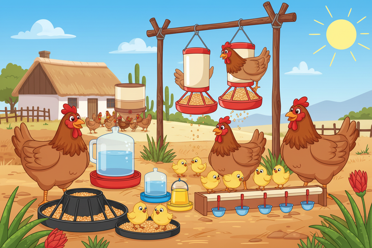 Cartoon illustration of chickens and chicks on a farm with feeders and water bottles.