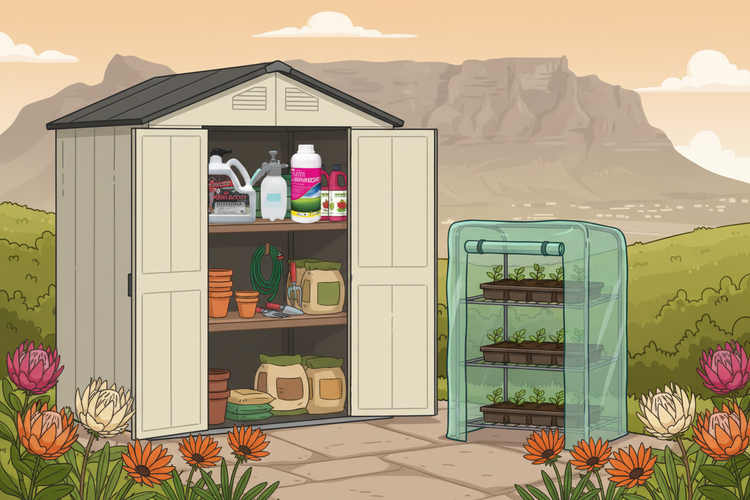 A cartoon-style outdoor scene showing a beige garden shed with its doors open, stocked with gardening supplies, next to a small translucent green mini-greenhouse with plant trays. Mountains, grassy hills, and flowers are visible in the background.