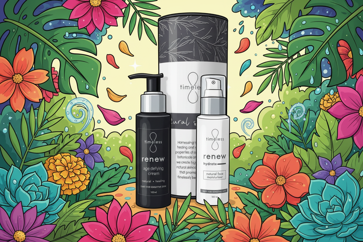 Cosmetic products with 'timeless' branding on a colorful floral and leaf background