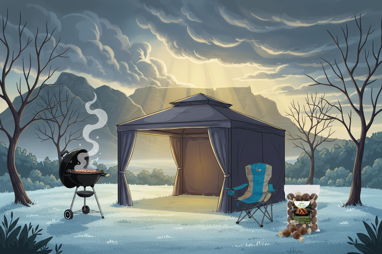 Camping scene with a tent, grill, chair, and gro+ Eco-Balls Firelighters in a winter landscape.
