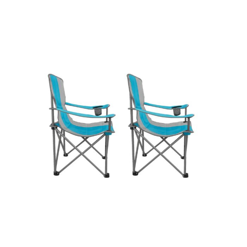 Two folding chairs with blue and gray design on a white background
