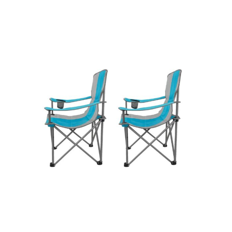 Two folding chairs with blue seats and gray frames on a white background