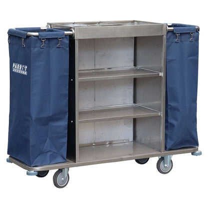 Parrot Janitorial Stainless Steel Hotel Housekeeping Trolley with blue bags on a white background