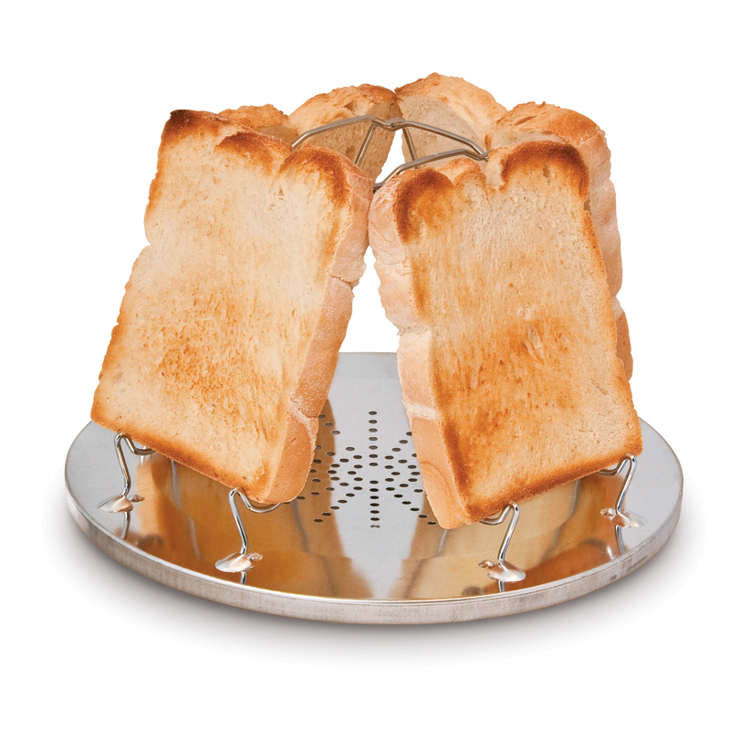 Toasted bread held in place by a metal toast rack on a white background