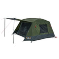 Green camping tent with an attached side panel on a white background