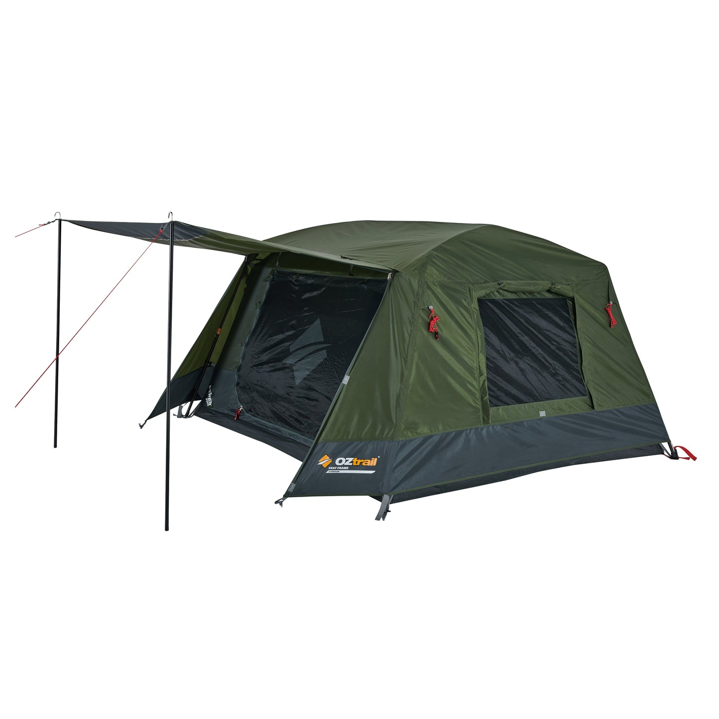 Green camping tent with an attached side panel on a white background