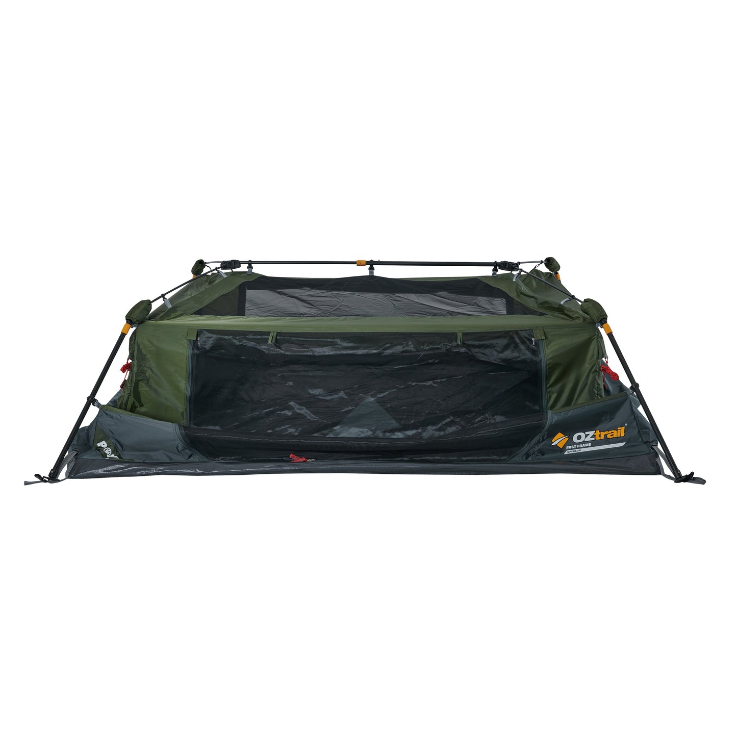 Green and black camping tent with OZtrail branding on a white background