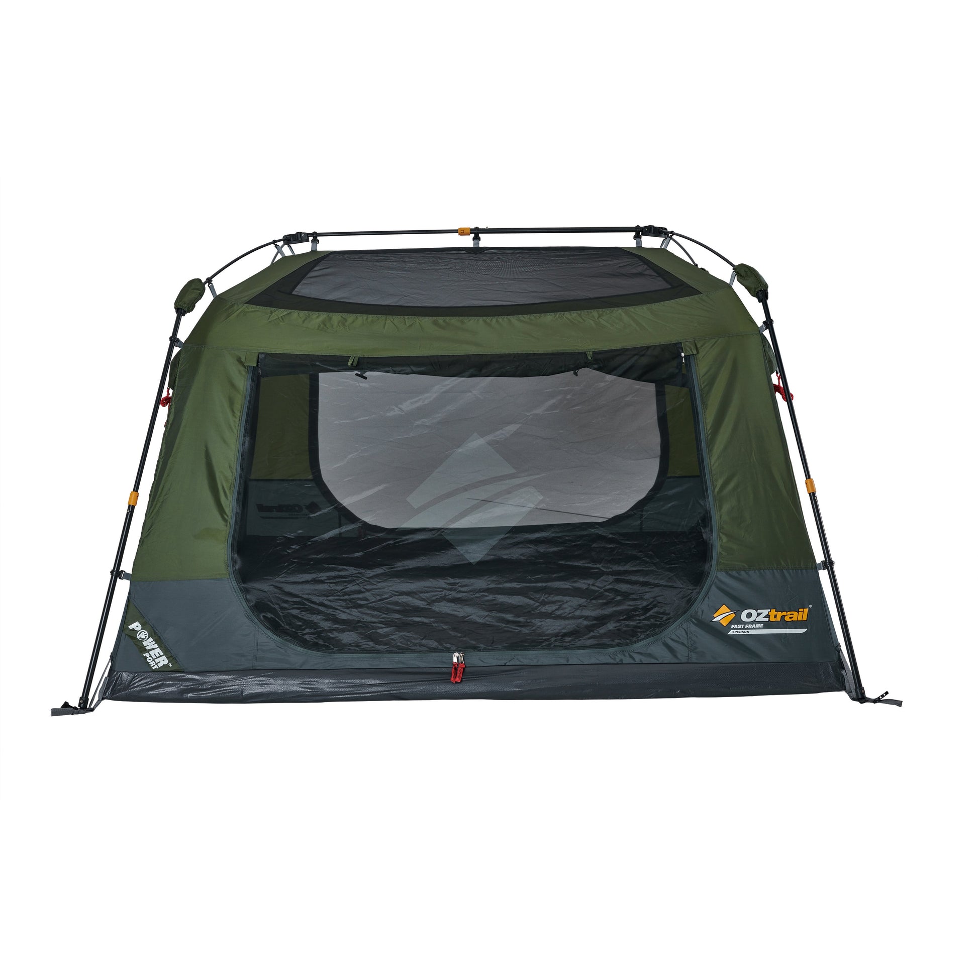 Green and black camping tent with OZtrail branding on a white background