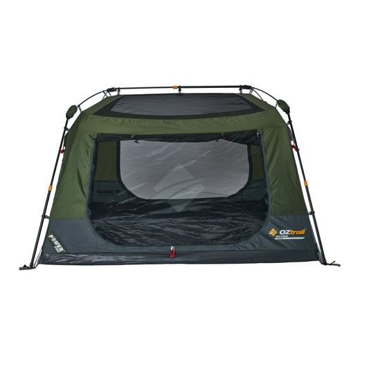 Green and black camping tent with OZtrail branding on a white background