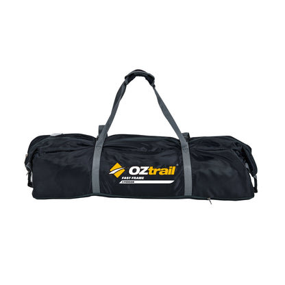 Black camping tent bag with 'OZtrail' logo on a white background