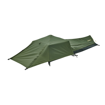 Green camping tent on a white background