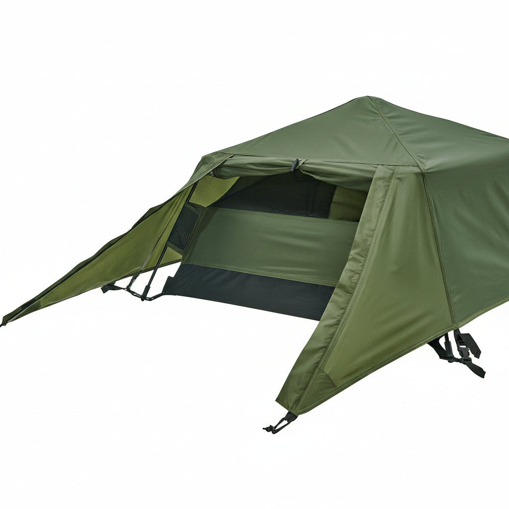 Green camping tent on a white background