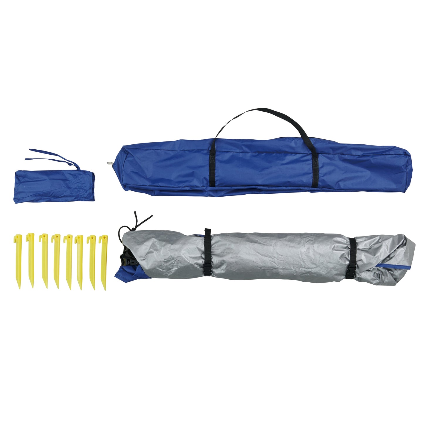 Set of folded camping mats with carrying handles and yellow stakes on a white background