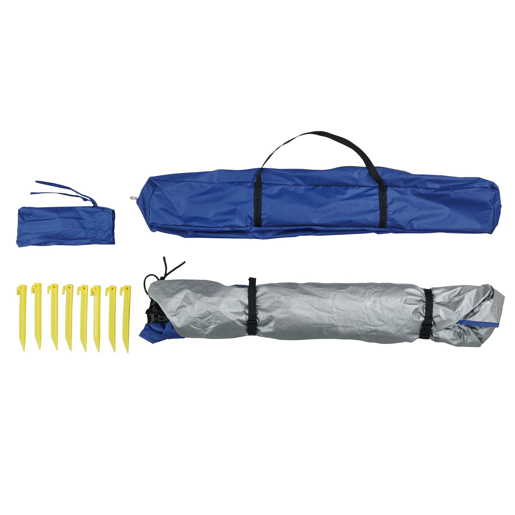 Set of folded camping mats with carrying handles and yellow stakes on a white background